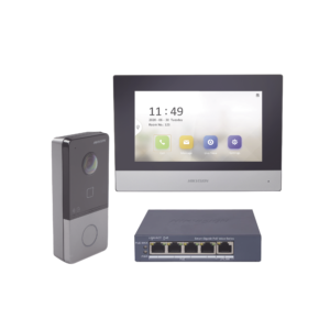 Kit de Videoportero IP + Switch Poe Poe Estandar con llamada a App de Smartphone (HikConnect) / Apertura con tarjeta MIFARE