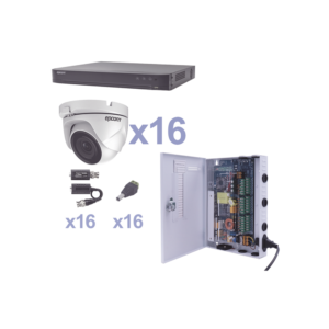 KIT TurboHD 1080p / DVR 16 Canales / 16 Cámaras Eyeball (exterior 2.8 mm) / Transceptores / Conectores / Fuente de Poder