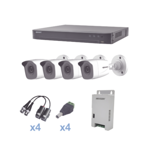 KIT TurboHD 1080p / DVR 4 Canales / 4 Cámaras Bala Metálicas (exterior 2.8 mm) / Transceptores / Conectores / Fuente de