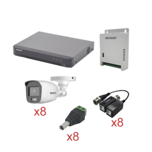KIT TurboHD con Audio 1080p / DVR 8 Canales / 8 Cámaras Bala (exterior 2.8 mm) / Transceptores / Conectores / Fuente de
