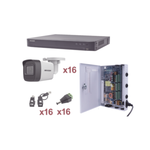 KIT TurboHD 1080p / DVR 16 Canales / 16 Cámaras Bala (exterior 2.8 mm) / Transceptores / Conectores / Fuente de Poder