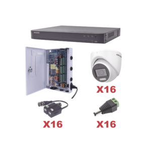 KIT TurboHD 1080p / DVR 16 Canales / 16 Cámaras Turret con Audio Integrado (Exterior 2.8 mm) / Transceptores / Conectores