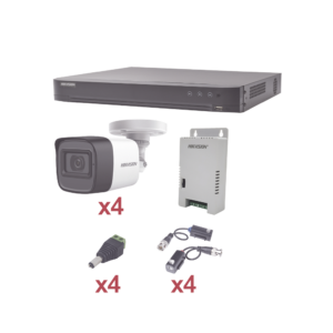 KIT TurboHD 1080p / DVR 4 Canales / 4 Cámaras Bala (exterior 2.8 mm) / Transceptores / Conectores / Fuente de Poder