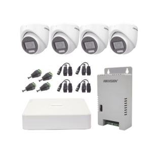 KIT TurboHD 1080p / DVR 4 Canales con audio por coaxitron / 4 Cámaras con Micrófono y 106° Visión/ luz blanca + IR visión