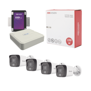 Kit IP 4 Megapixel / NVR de 4 Canales / 4 Cámaras IP Dual light y Microfono Integrado / Bobina de Cable de 100 mts / Disco