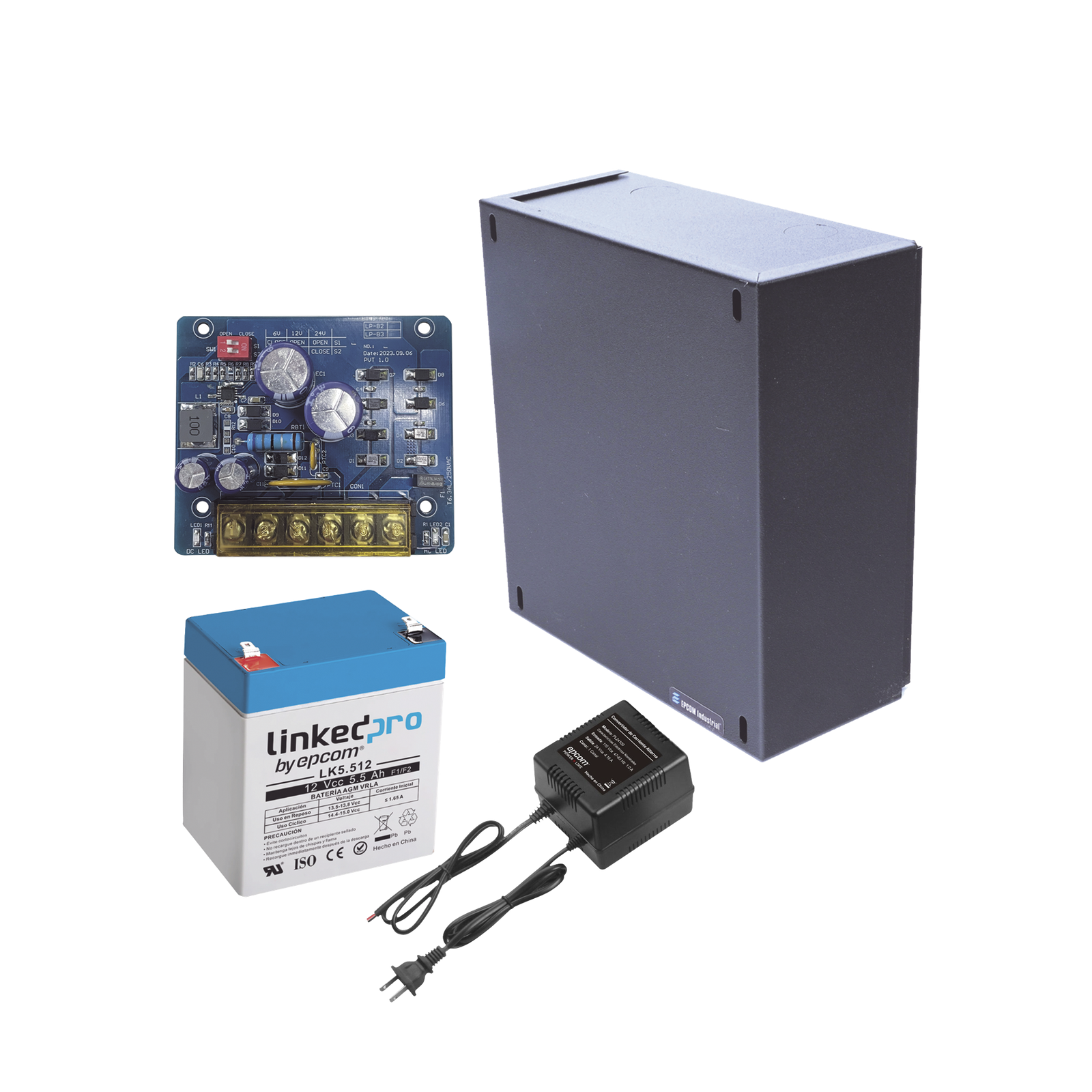 Kit con fuente PLB2 con salida de 12 Vcc a 1.5 Amper, incluye transformador y batería de 12 V a 5.5 Amper