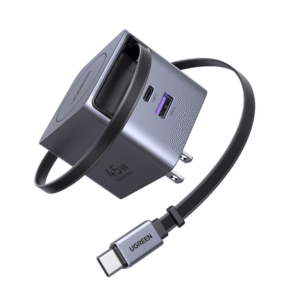 Cargador Rápido UGREEN 45W GaN / Cable Retráctil 0.7m / 3 Puertos USB-C + USB-A / Tecnología GaNInfinity 95% Eficiencia / 8