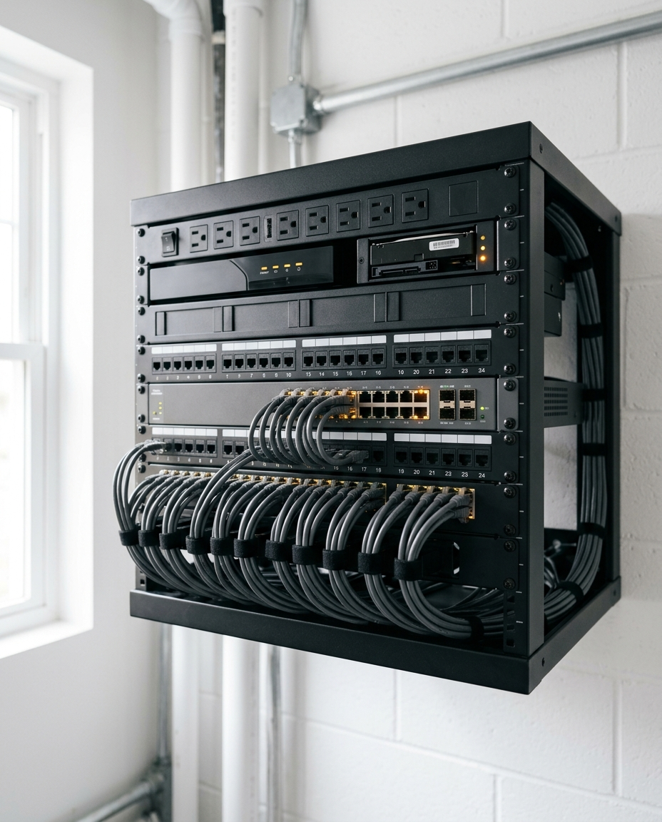 Rack de red ordenado con switch PoE, NVR y cableado estructurado