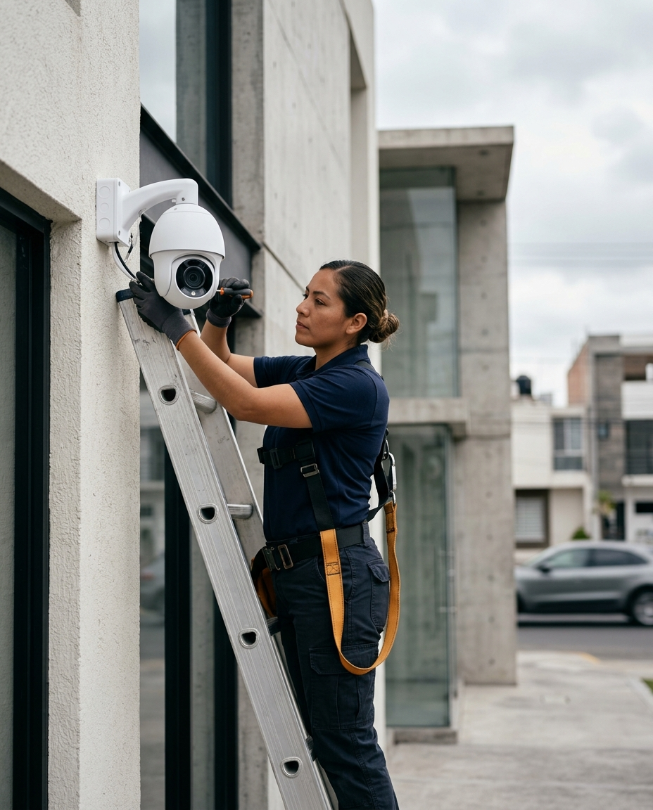 Técnico instalando una cámara IP tipo domo en la fachada de un negocio