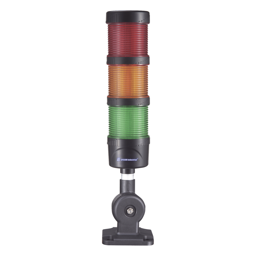 Torre LED Indicadora de Estado / 3 Niveles Rojo-Ámbar-Verde / Buzzer 85 dB / 110-240 VCA / IP53 / Montaje Ajustable 60 mm