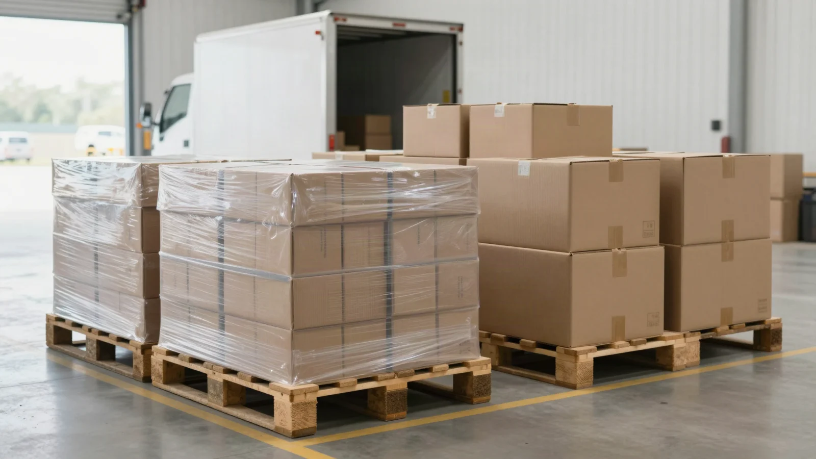 Tarimas de empaque listas para entrega en el andén de carga